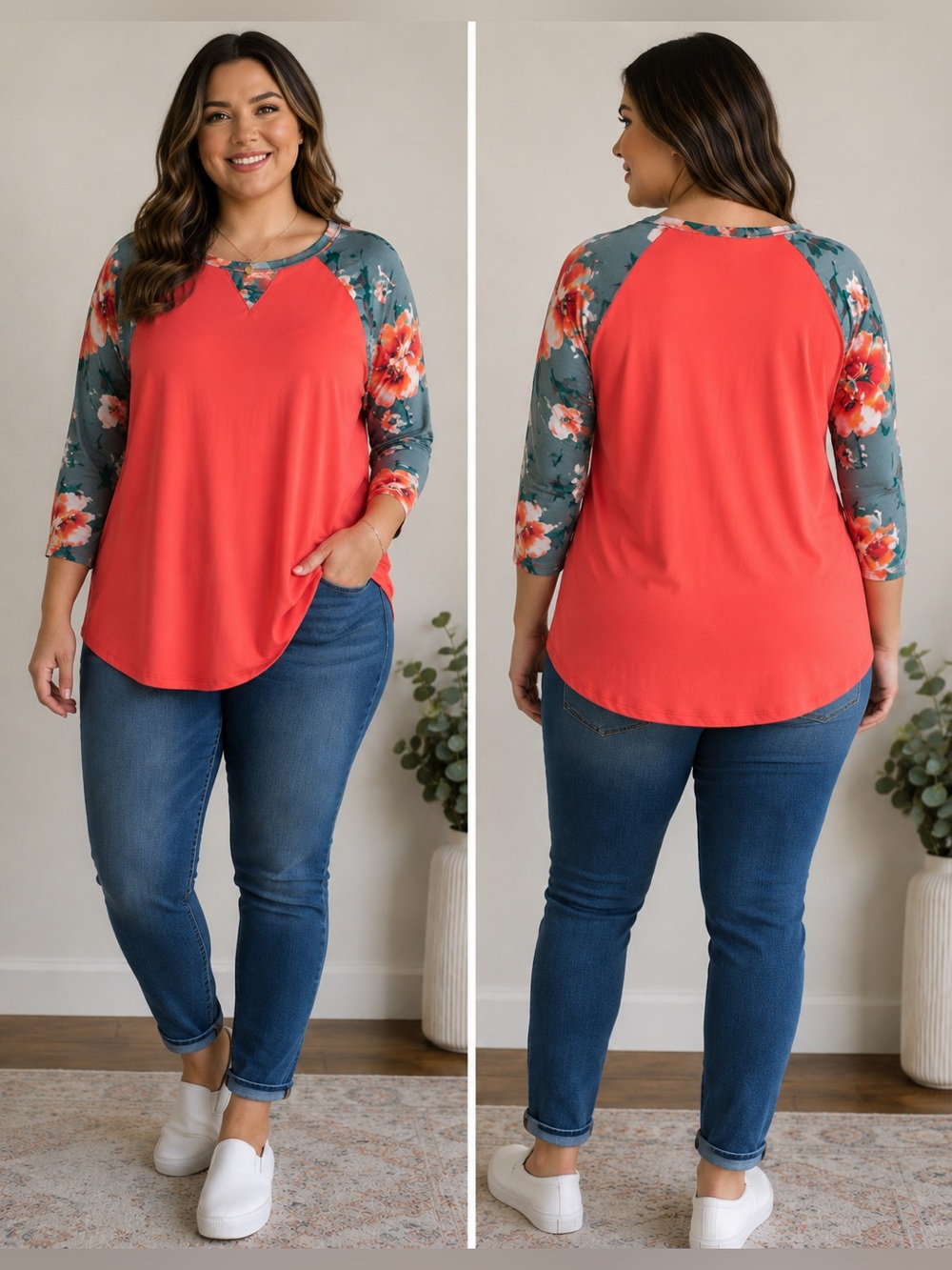 Women's Oversized Neon Coral Baseball Floral Sleeve 3/4 Sleeve Tee